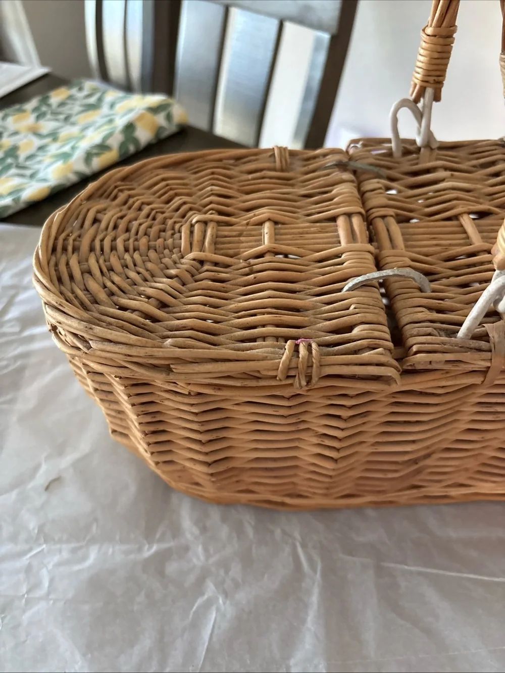 Gorgeous Vintage Oblong 15” Long WICKER Double Lidded Picnic Basket Awesome